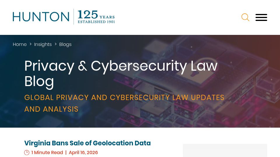 Screenshot of hunton.com: Virginia bans sale of precise geolocation data