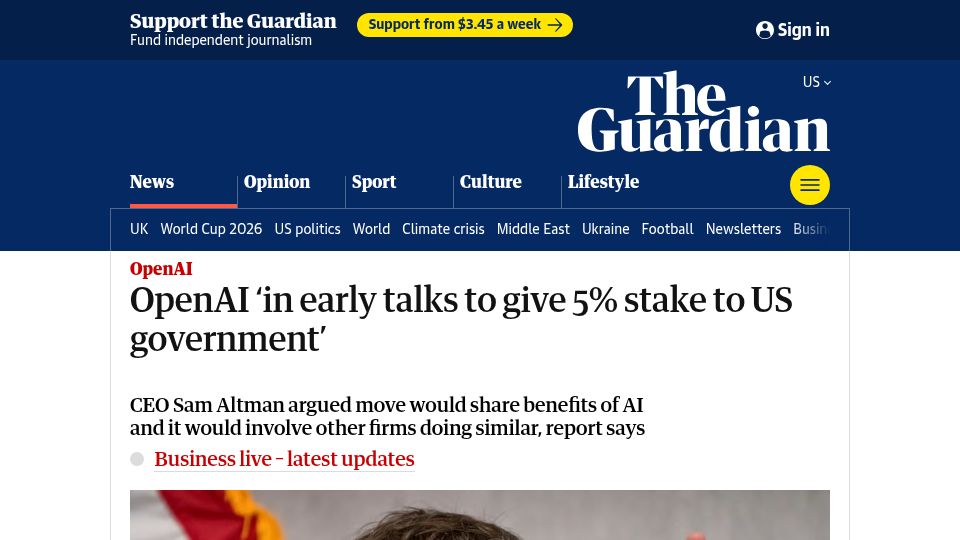 Screenshot of theguardian.com: OpenAI: In early talks to give 5% stake to US Government