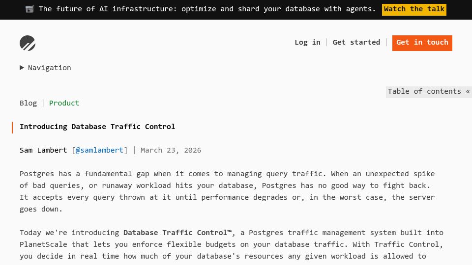 Screenshot of planetscale.com: Database Traffic Control