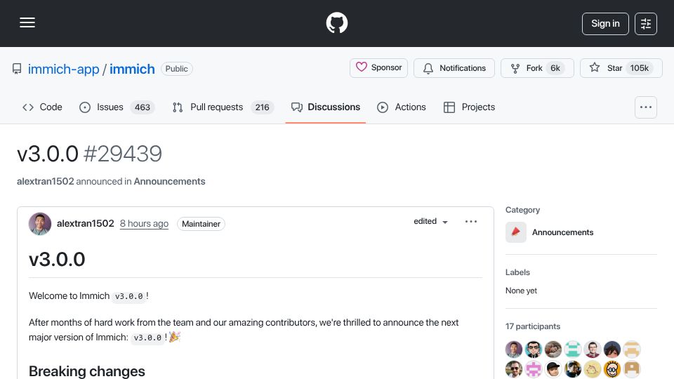 Screenshot of github.com: Immich 3.0