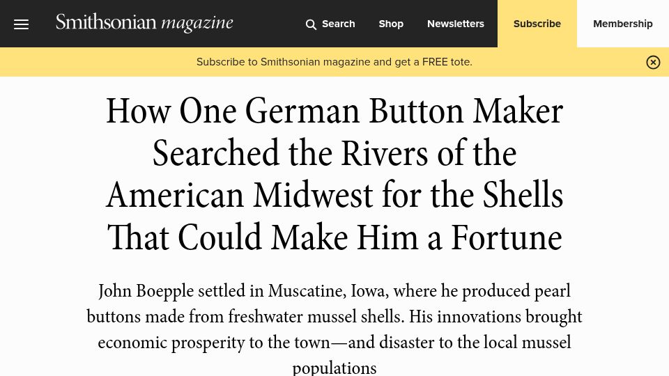 Screenshot of smithsonianmag.com: German button maker searched rivers of American Midwest for valuable shells