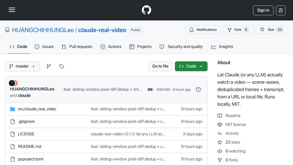 Screenshot of github.com: Claude-real-video - any LLM can watch a video