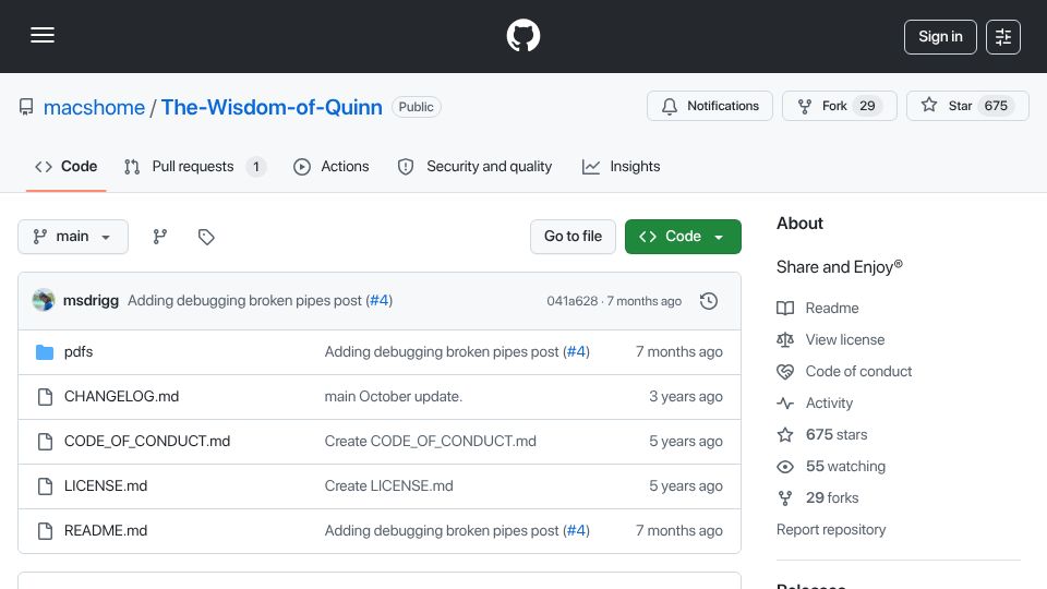 Screenshot of github.com: The Wisdom of Quinn the Eskimo (Apple Developer Technical Support Engineer)