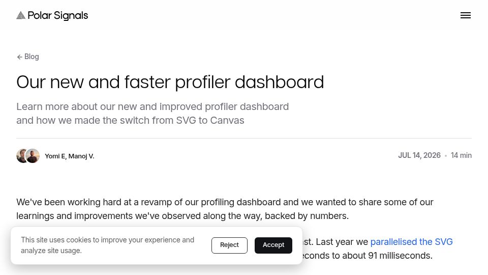 Screenshot of polarsignals.com: We rewrote our custom visualisation renderers from SVG to be in Canvas