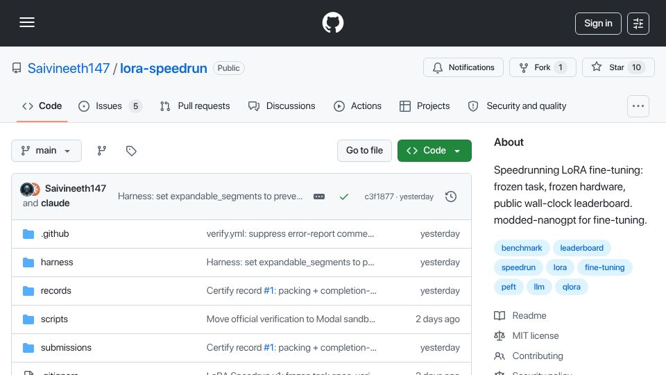 Screenshot of github.com: LoRA Speedrun – a public wall-clock leaderboard for fine-tuning techniques