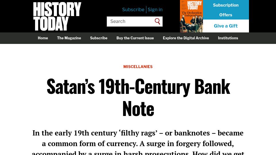 Screenshot of historytoday.com: Satan's 19th-Century Bank Note (2017)