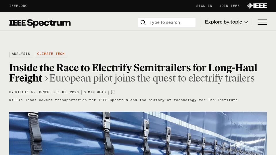 Screenshot of spectrum.ieee.org: Self-Powered Trailers Promise Leaner Freight Runs