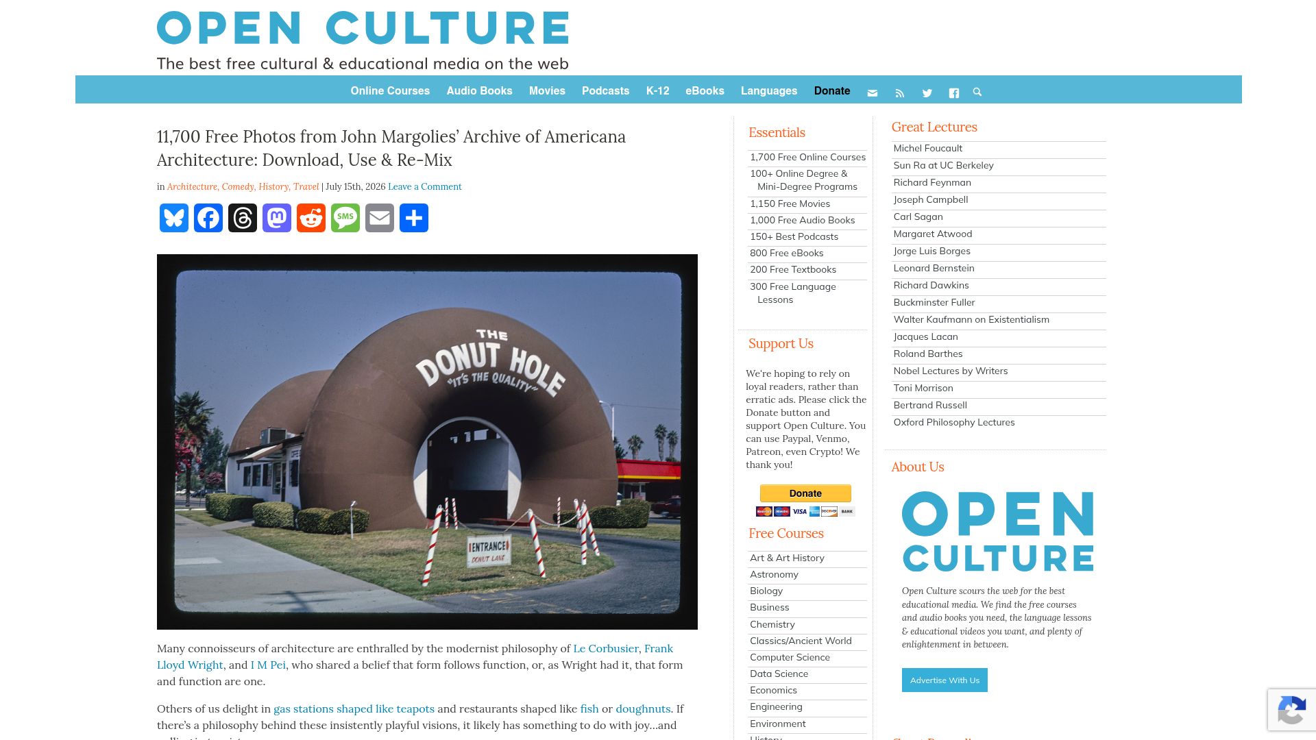 Screenshot of openculture.com: 11,700 Free Photos from John Margolies' Archive of Americana Architecture