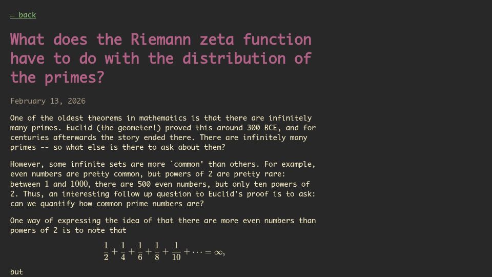 Screenshot of hidden-phenomena.com: What does the Riemann zeta function have to do with the distribution of primes?