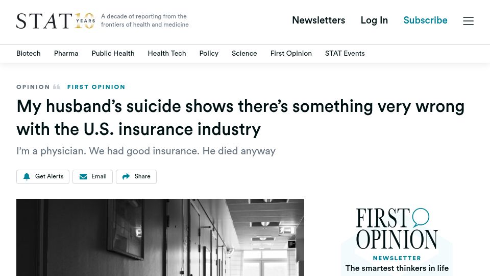 Screenshot of statnews.com: My husbands suicide shows theres something very wrong with US insurance industry
