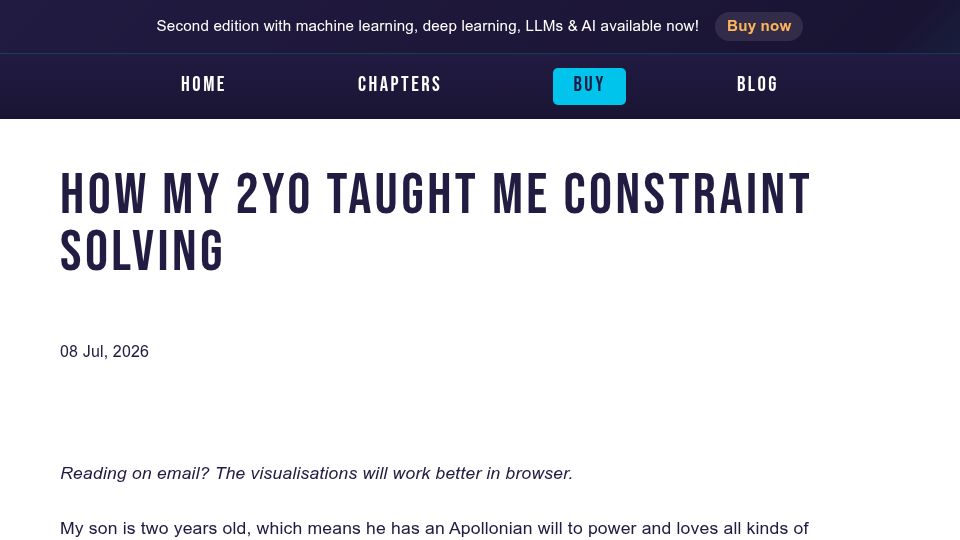 Screenshot of thecomputersciencebook.com: My two year old taught me constraint solving