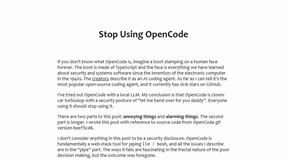 Screenshot of wren.wtf: Annoying and alarming things about OpenCode