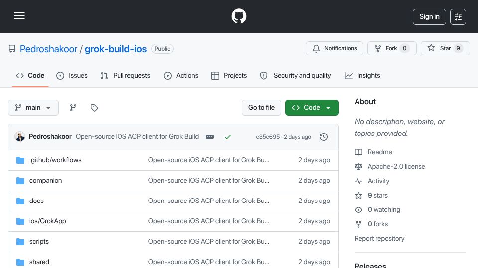 Screenshot of github.com: Grok-iOS – remote Grok Build from your iPhone over ACP