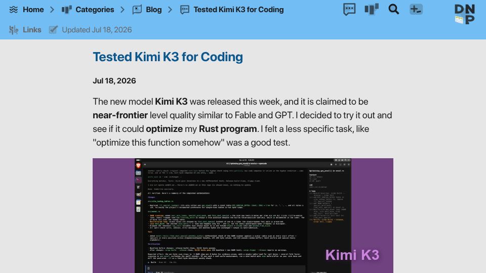 Screenshot of dotnetperls.com: Tested Kimi K3 for Coding