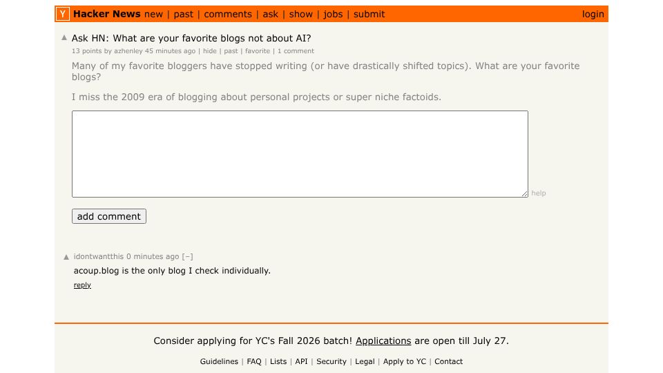 Screenshot of Hacker News post: Ask HN: What are your favorite blogs not about AI?