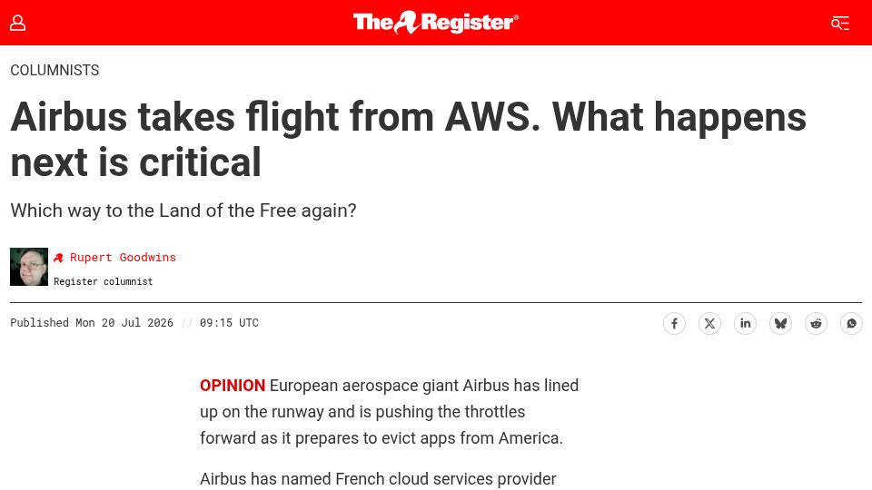 Screenshot of theregister.com: Airbus Takes Flight from AWS