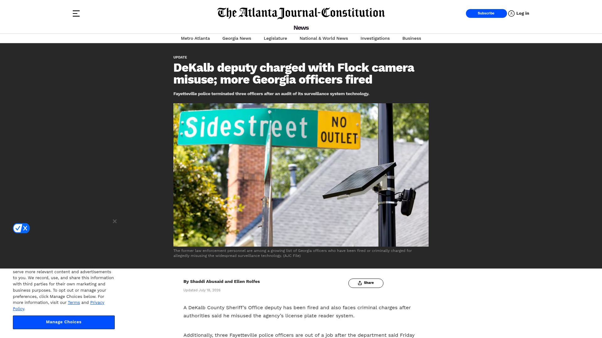 Screenshot of ajc.com: DeKalb deputy charged with Flock camera misuse; more Georgia officers fired