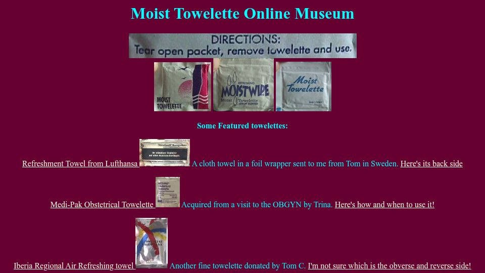 Screenshot of moisttowelettemuseum.com: Moist Towelette Museum