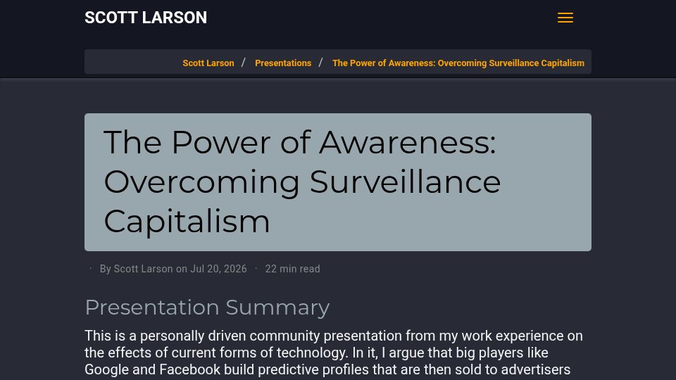 Screenshot of scottrlarson.com: The Power of Awareness: Overcoming Surveillance Capitalism