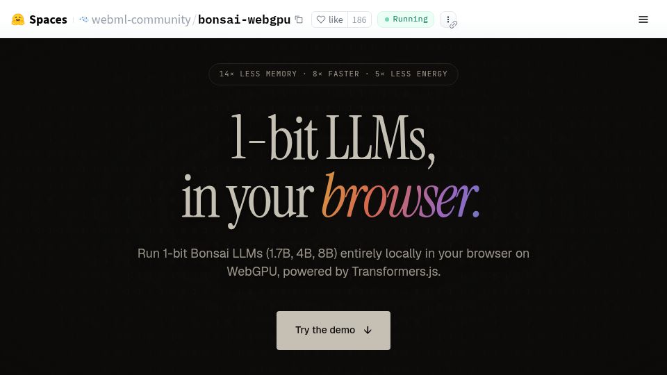 Screenshot of huggingface.co: 1-Bit LLM in the Browser
