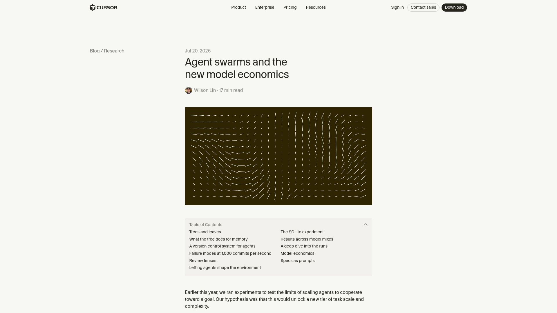 Screenshot of cursor.com: Agent swarms and the new model economics