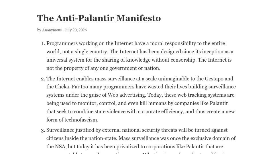 Screenshot of nonogra.ph: The Anti-Palantir Manifesto