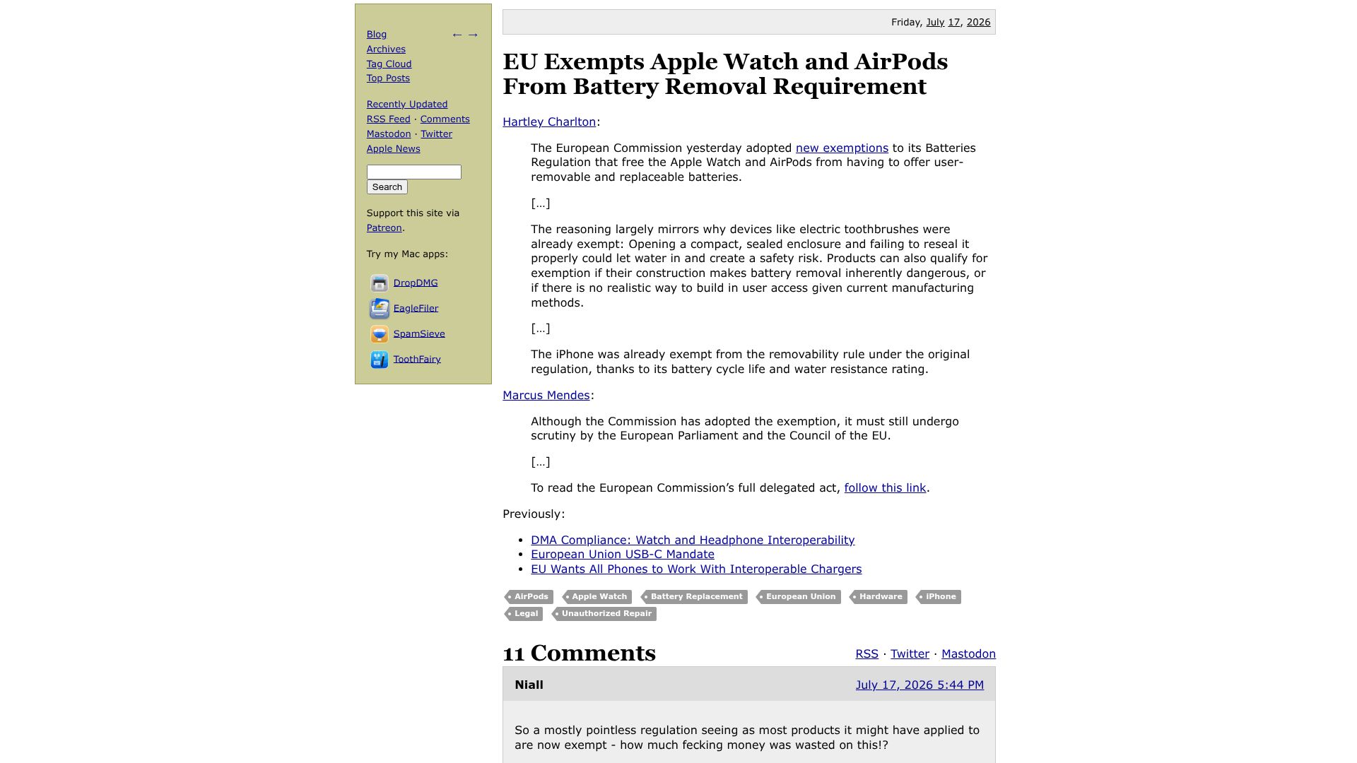 Screenshot of mjtsai.com: EU Exempts Apple Watch and AirPods from Battery Removal Requirements