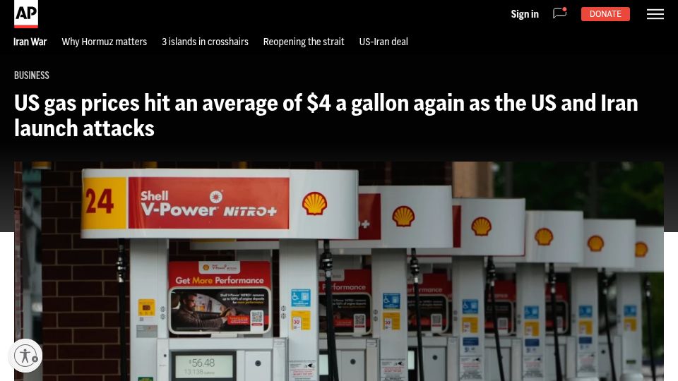 Screenshot of apnews.com: US gas prices hit an average of $4 a gallon again