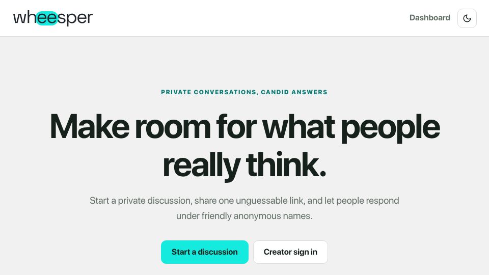 Screenshot of wheesper.com: Show HN: Wheesper – Start an anonymous discussion with a link