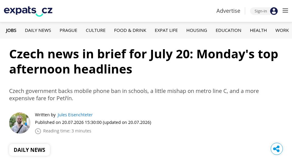 Screenshot of expats.cz: Czechia moves to ban mobile phones in schools from September 2027