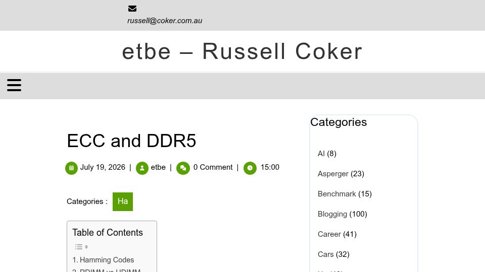 Screenshot of etbe.coker.com.au: ECC and DDR5