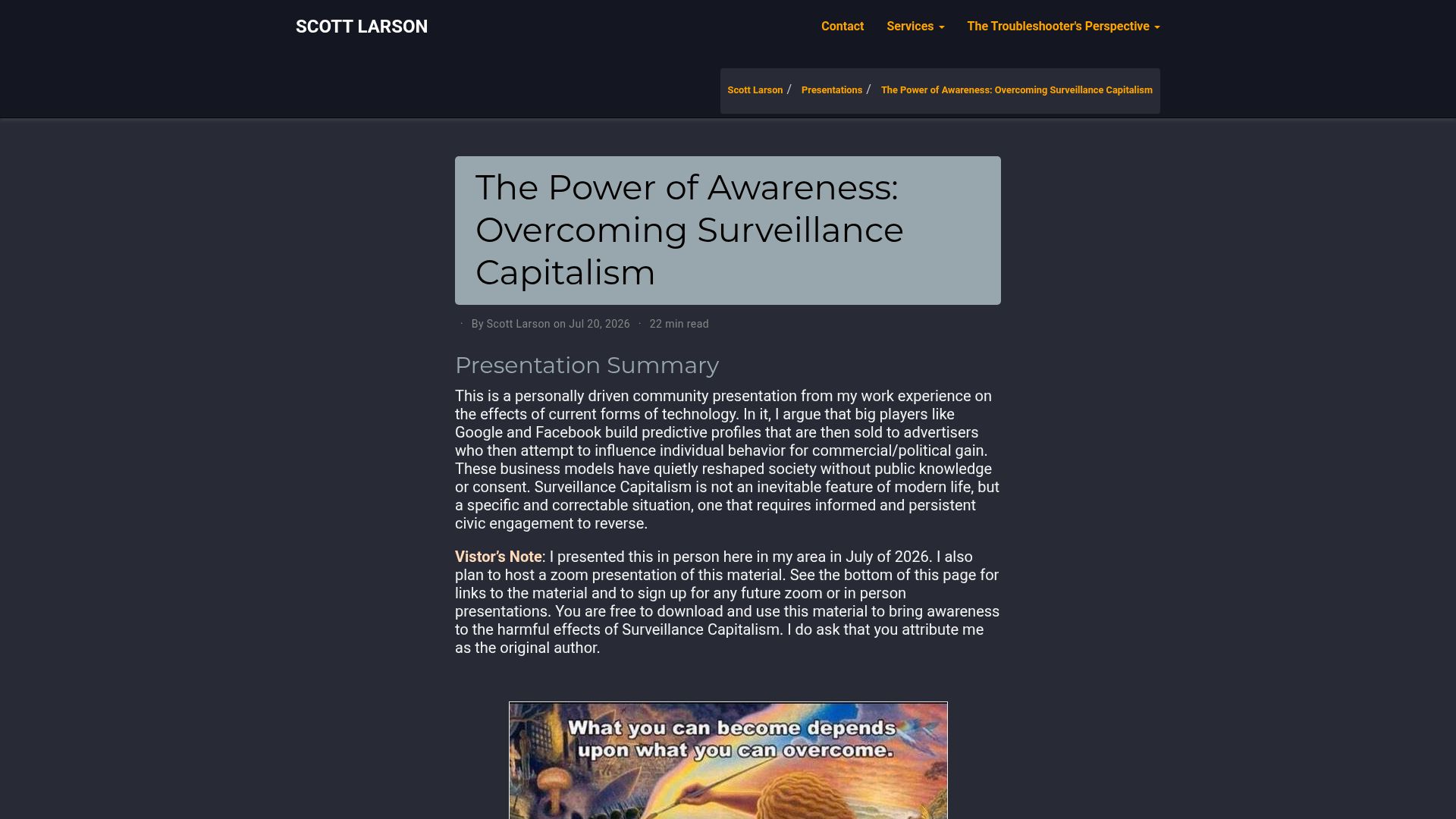 Screenshot of scottrlarson.com: The Power of Awareness: Overcoming Surveillance Capitalism