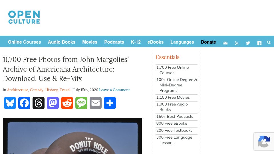 Screenshot of openculture.com: 11,700 Free Photos from John Margolies' Archive of Americana Architecture