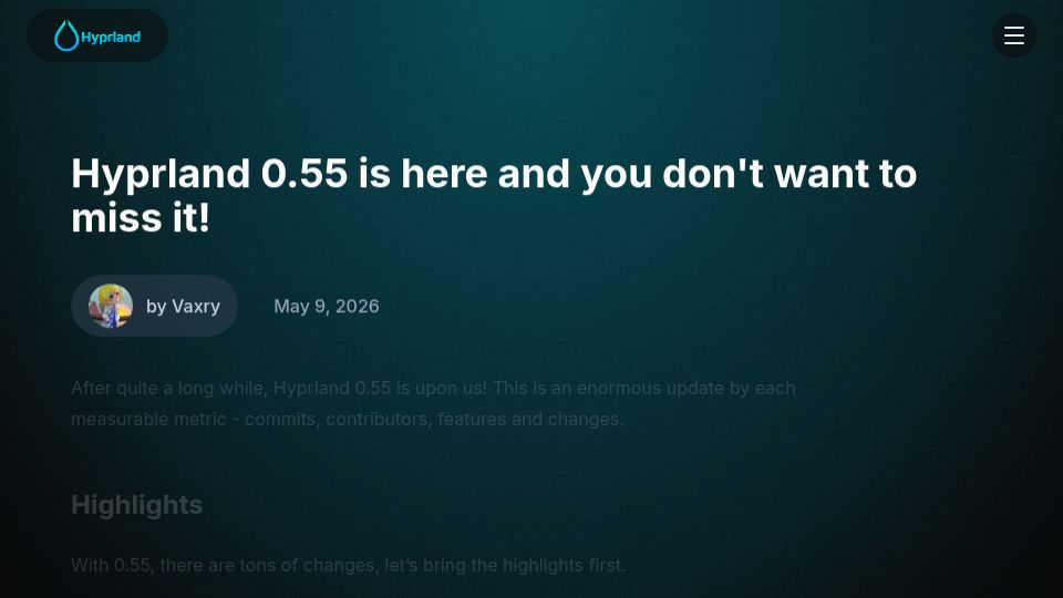Screenshot of hypr.land: Hyprland 0.55 announced the switch to Lua for its config files