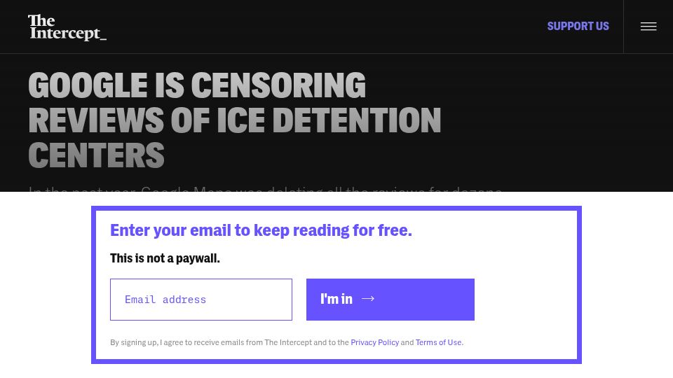 Screenshot of theintercept.com: Google Is Censoring Reviews of ICE Detention Centers