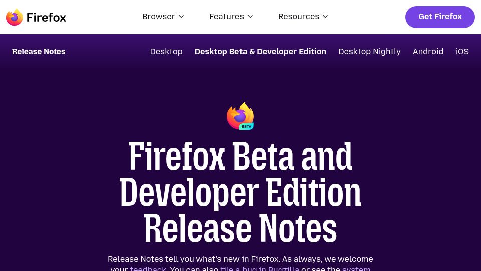Screenshot of firefox.com: Firefox 153.0 Beta