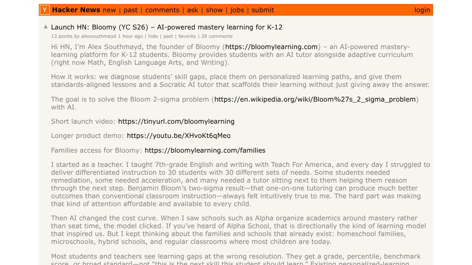 Screenshot of Hacker News post: Launch HN: Bloomy (YC S26) – AI-powered mastery learning for K-12