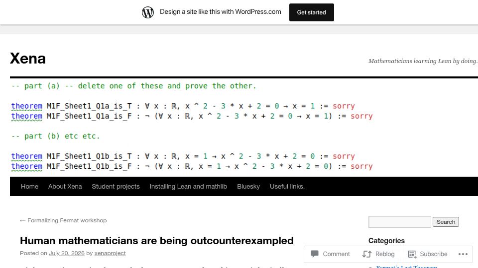 Screenshot of xenaproject.wordpress.com: Human mathematicians are being outcounterexampled