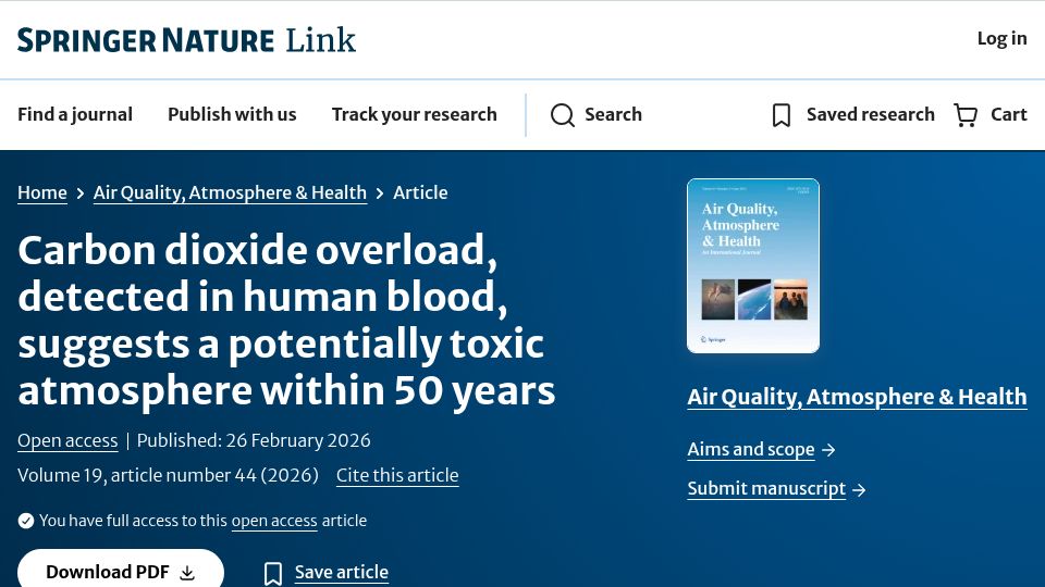 Screenshot of doi.org: CO2 overload in blood suggests toxic atmosphere within 50 years