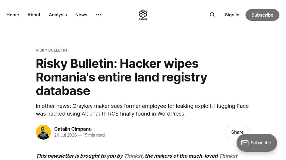 Screenshot of news.risky.biz: Hacker wipes Romania's land registry database