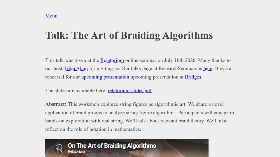 Screenshot of pgadey.ca: Talk: The Art of Braiding Algorithms