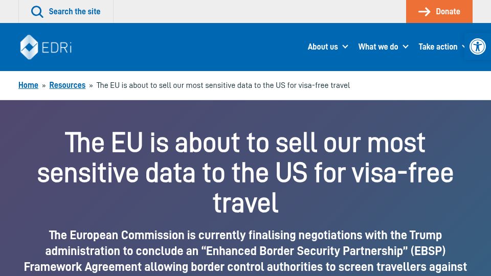 Screenshot of edri.org: The EU is about to sell our most sensitive data to the US for visa-free travel