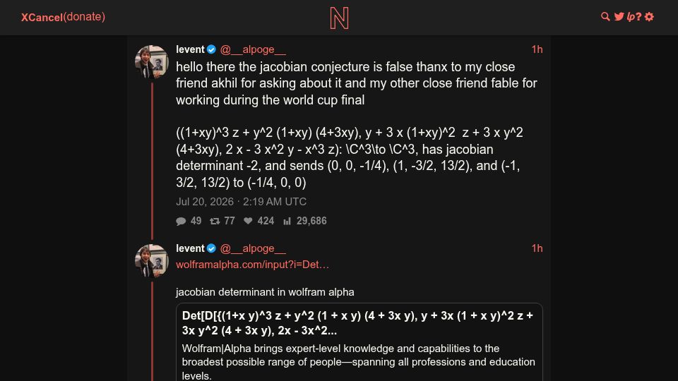 Screenshot of xcancel.com: Claude Fable produced a counterexample to the Jacobian Conjecture
