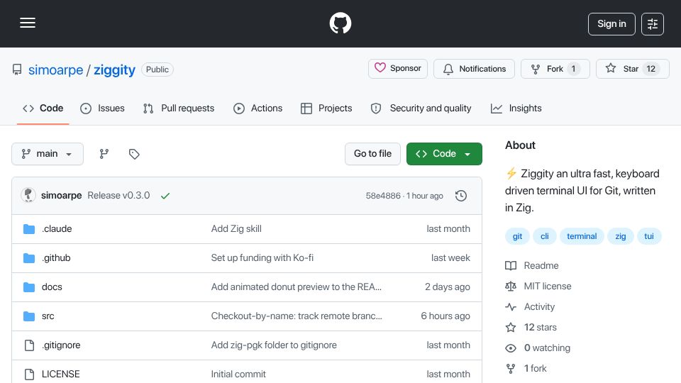 Screenshot of github.com: Ziggity – A terminal UI for Git, written in Zig