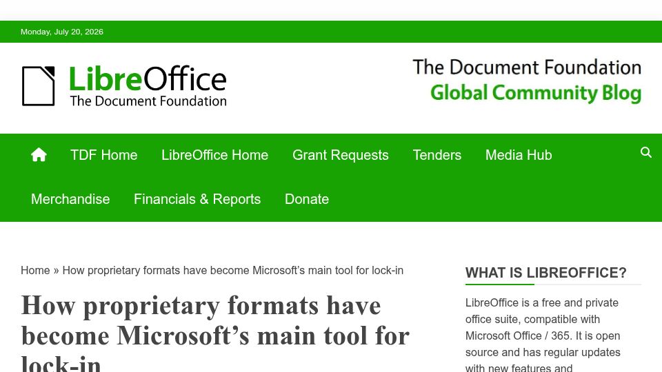 Screenshot of blog.documentfoundation.org: How proprietary formats have become Microsoft’s main tool for lock-in