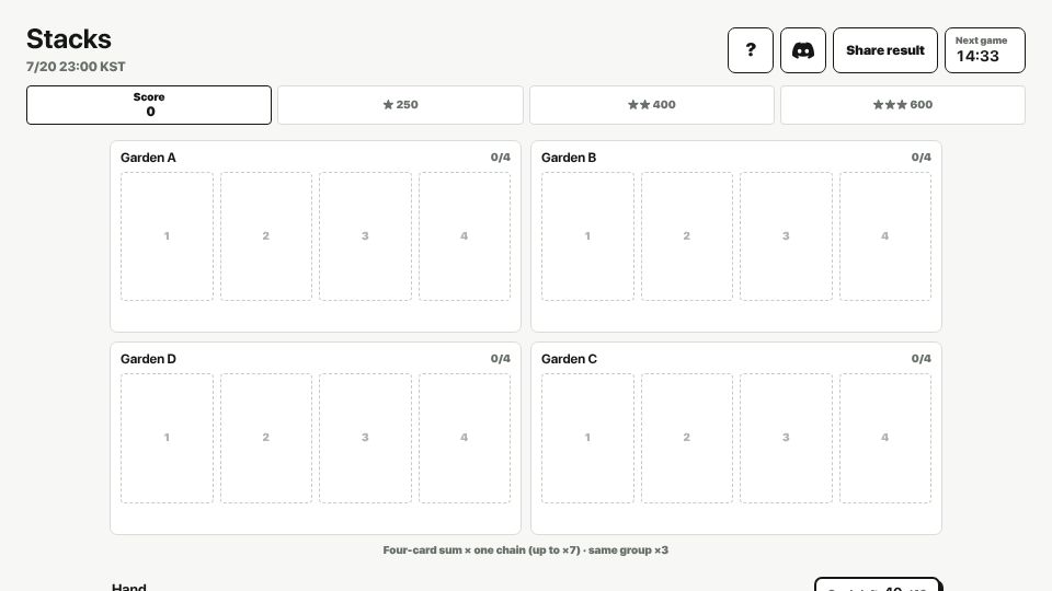 Screenshot of plan9.kr: Show HN: Stacks – an hourly card solitaire about building four gardens