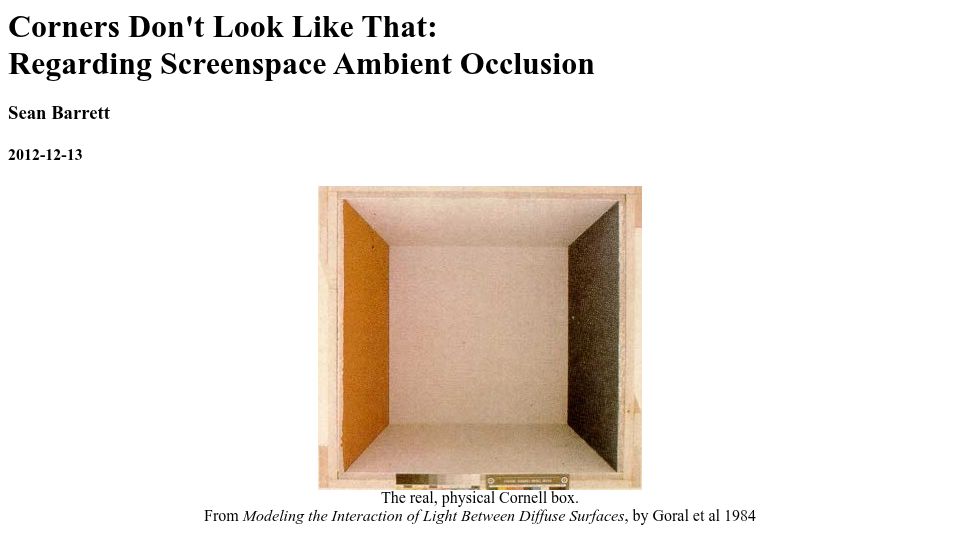 Screenshot of nothings.org: Corners Don't Look Like That: Regarding Screenspace Ambient Occlusion (2012)