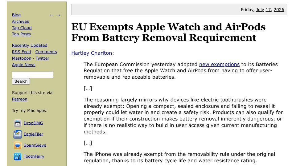 Screenshot of mjtsai.com: EU Exempts Apple Watch and AirPods from Battery Removal Requirements