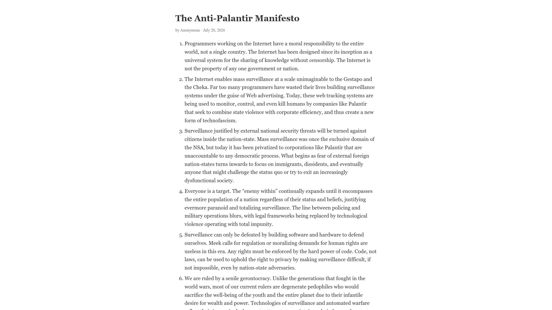 Screenshot of nonogra.ph: The Anti-Palantir Manifesto