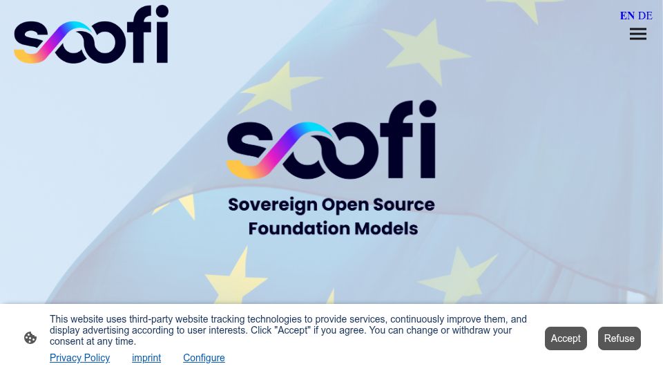 Screenshot of soofi.info: Soofi – Sovereign Open Source Foundation Models